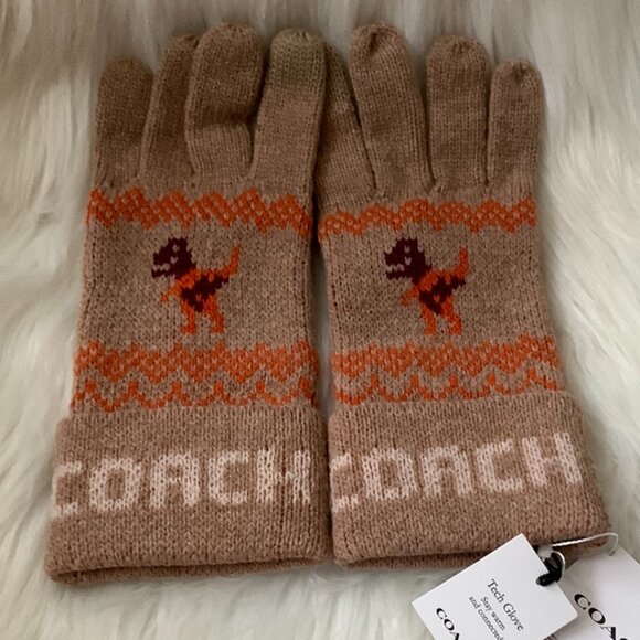 COACH Rexy Fair Isle Print Knit Gloves in Camel Multi Sz X/XL - Picture 1 of 2